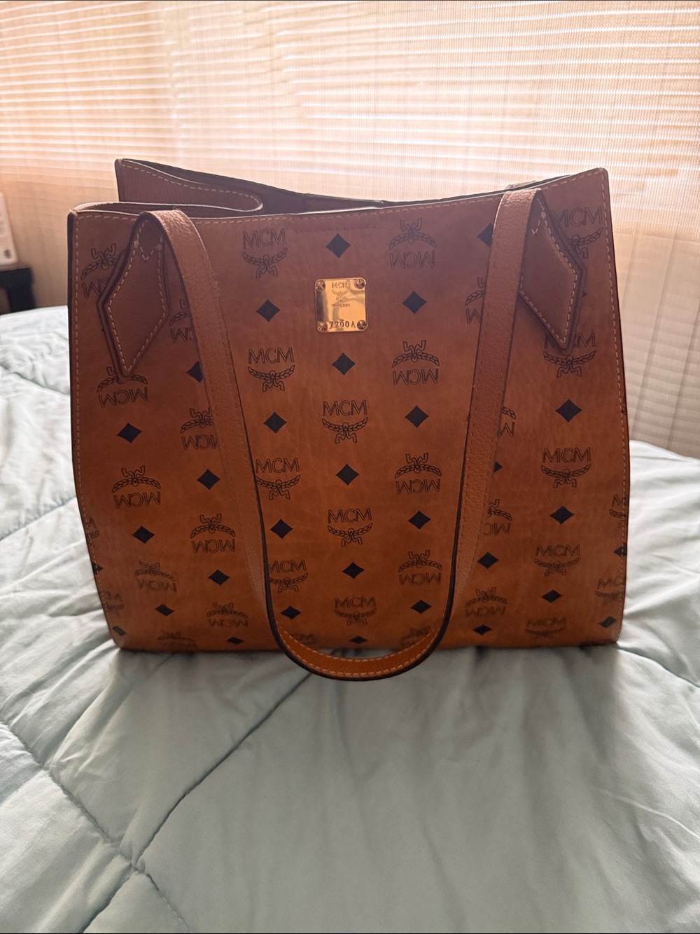 MCM Cognac Brown Logo Shopper Tote with Gold Plaque